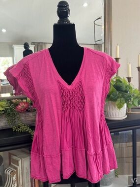 Women's Fuchsia Smocked V-Neck Peasant Top- Anthropologie